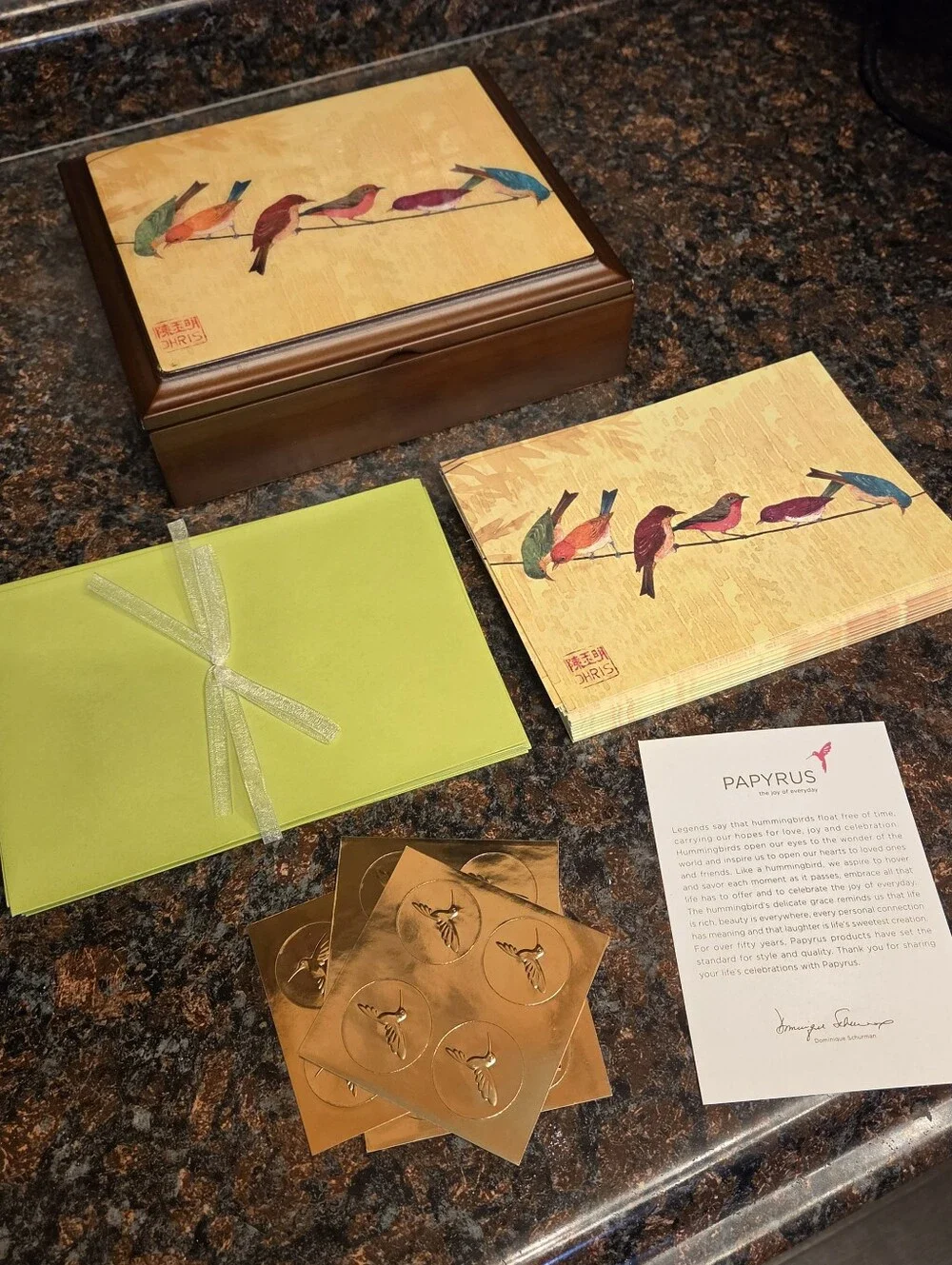 New Papyrus Bird Stationery Set 15 Blank Cards Envelopes Gold Seals Wooden Keeps